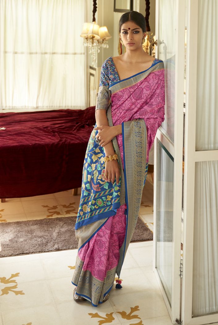 Buy MySilkLove Rani Pink Printed Kalamakri Silk Saree Online