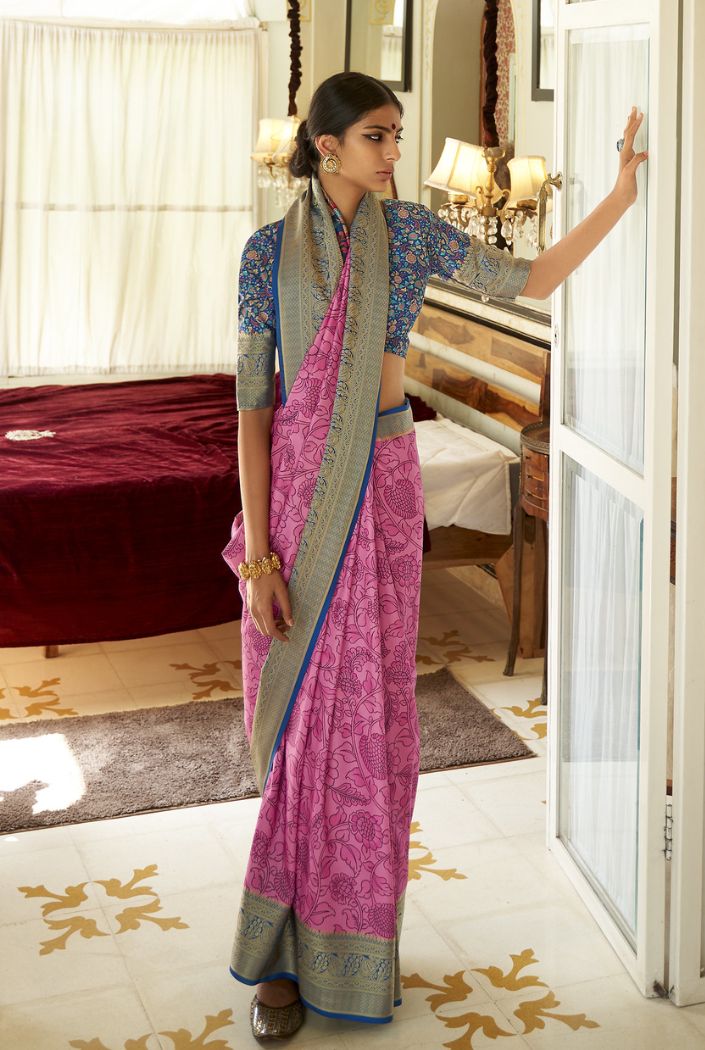 Buy MySilkLove Rani Pink Printed Kalamakri Silk Saree Online