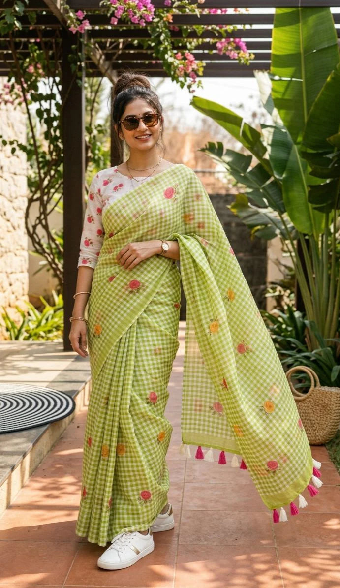 Buy MySilkLove Pista Green Soft Linen Cotton Pinted Saree Online