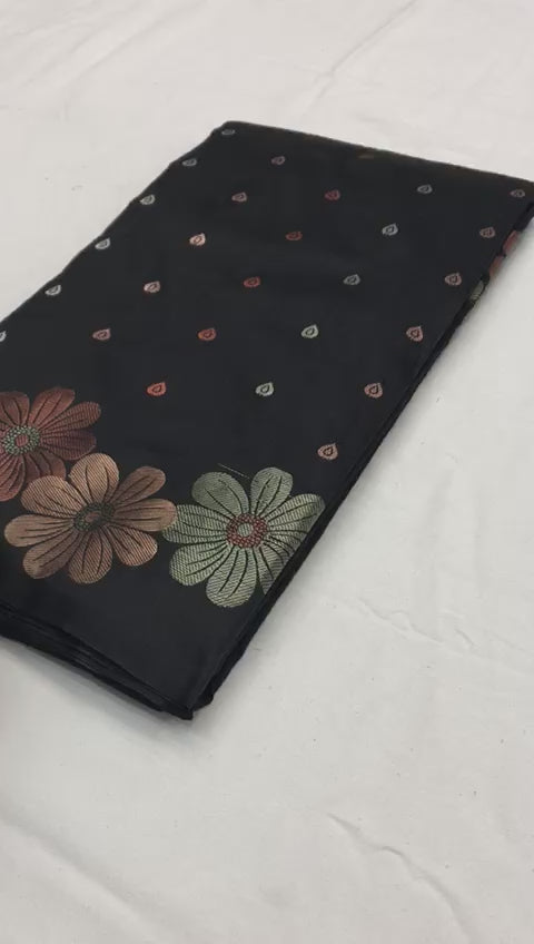 Buy MySilkLove Bunker Black Woven Floral Designer Silk Saree Online