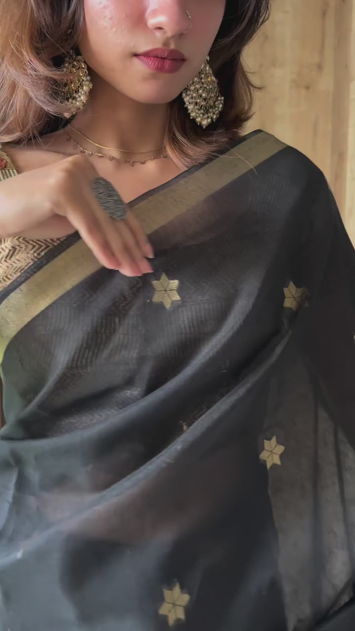 Buy MySilkLove Carbon Black Handloom Muga Cotton Saree Online