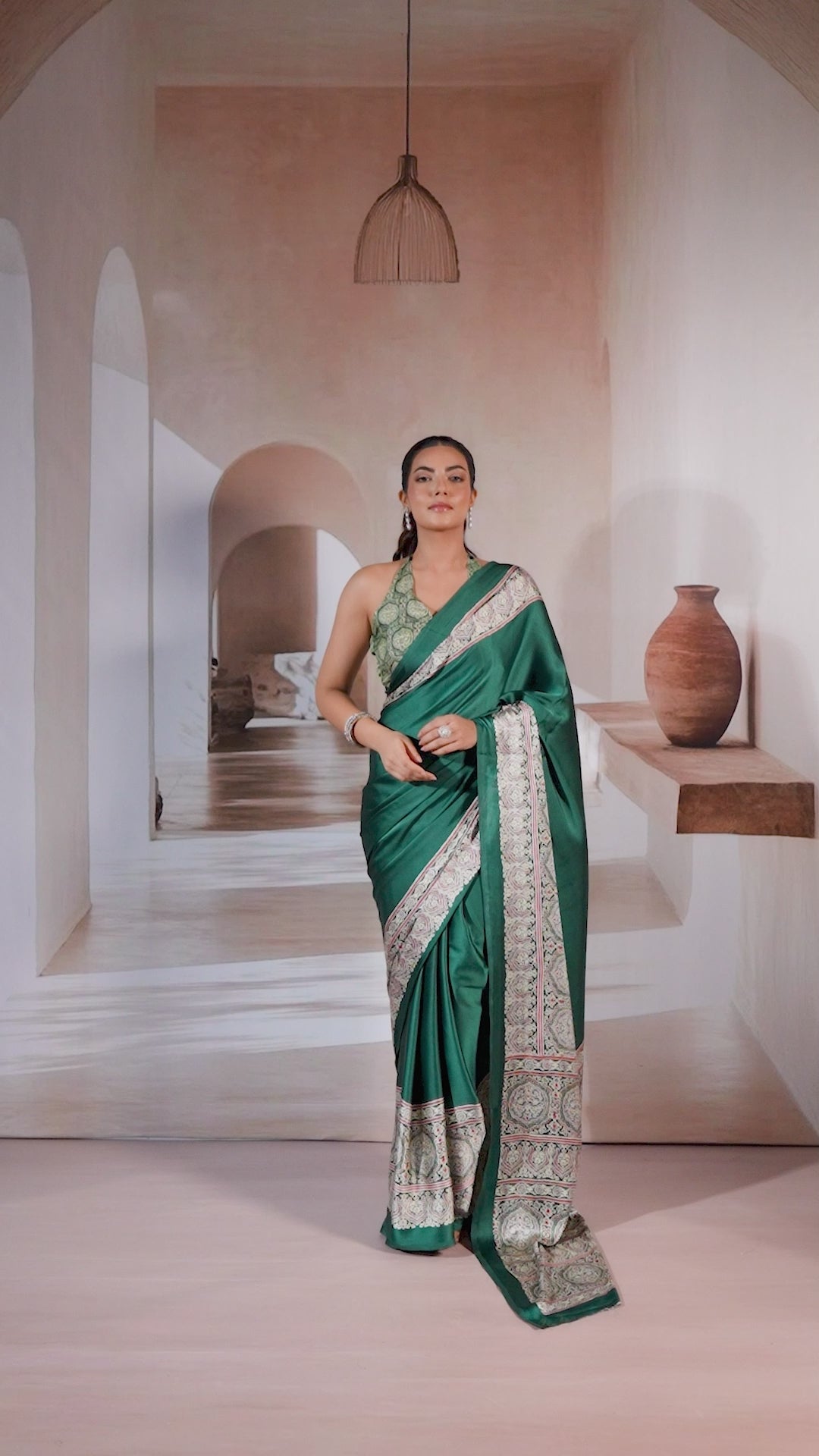 Buy MySilkLove Ainsley Green Ajrakh Printed Satin Crepe Silk Saree Online
