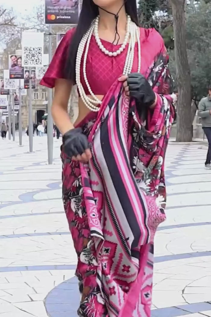 Buy MySilkLove Berry Pink and Brown Printed Satin Crepe Silk Saree Online