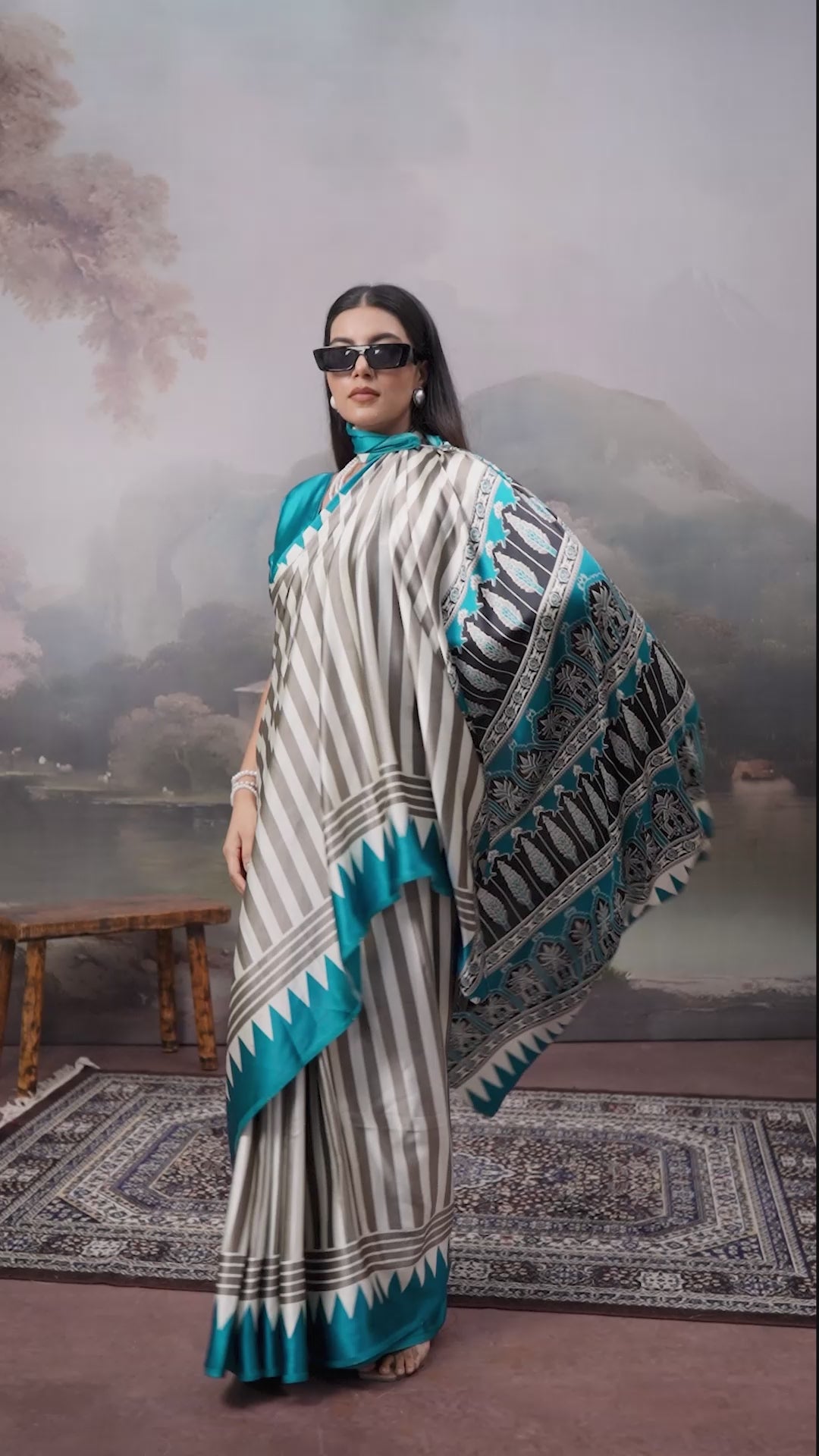 Buy MySilkLove Snow White and Blue Ajrakh Printed Satin Crepe Silk Saree Online