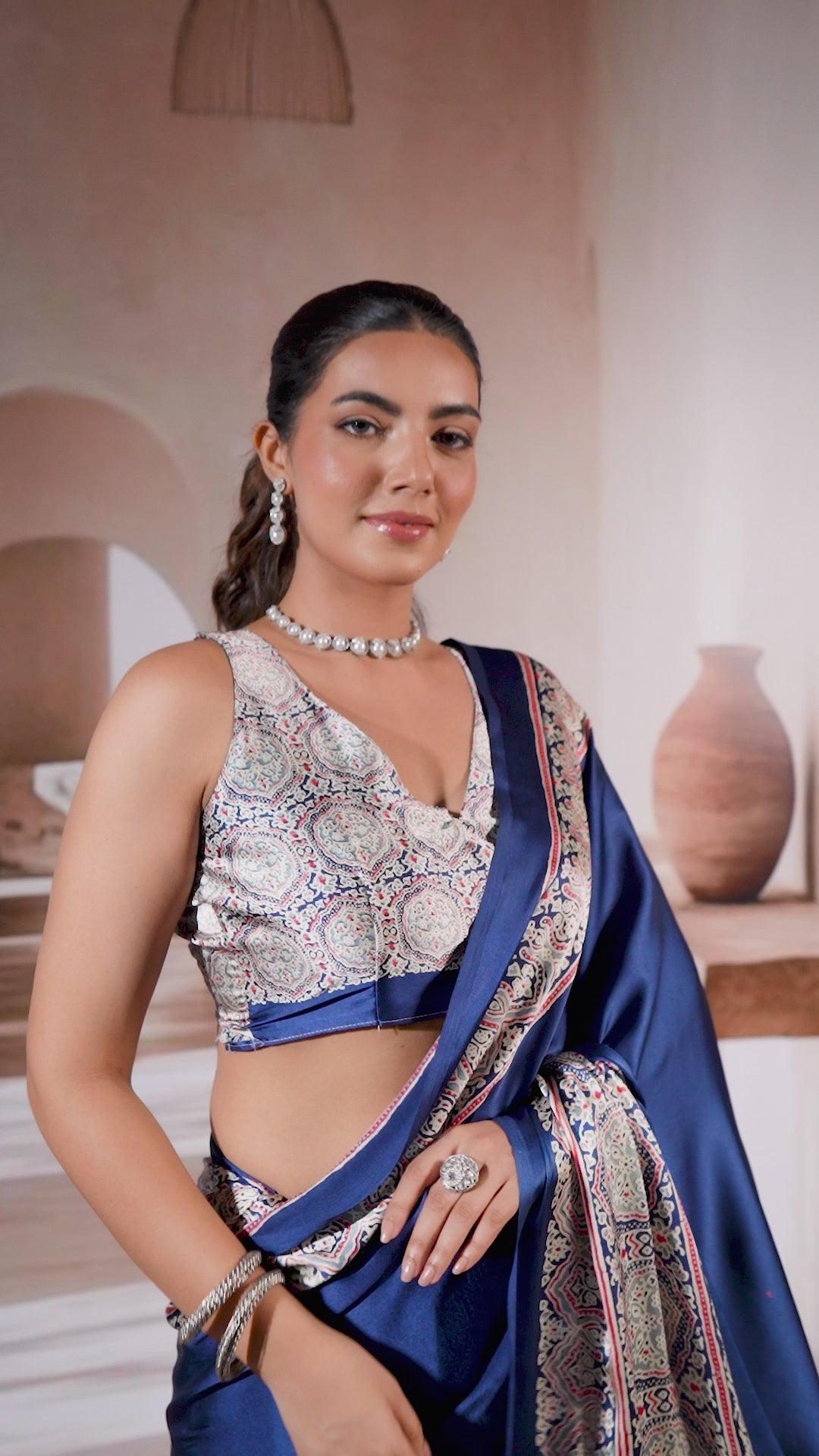 Buy MySilkLove Azure Blue Ajrakh Printed Satin Crepe Silk Saree Online