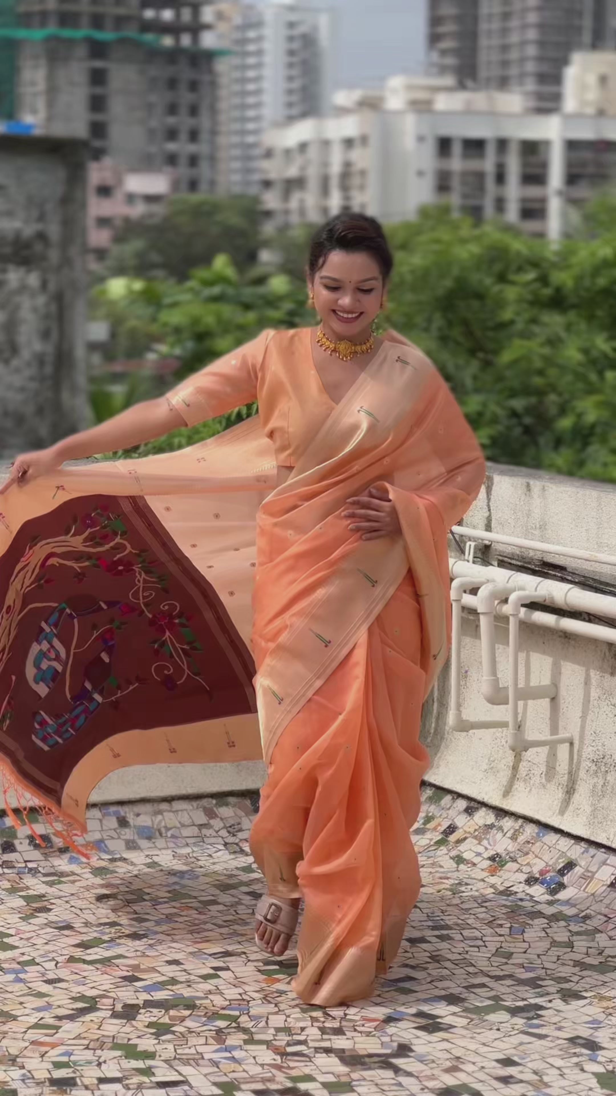 Buy MySilkLove Sunset Peach Organza Woven Paithani Saree Online