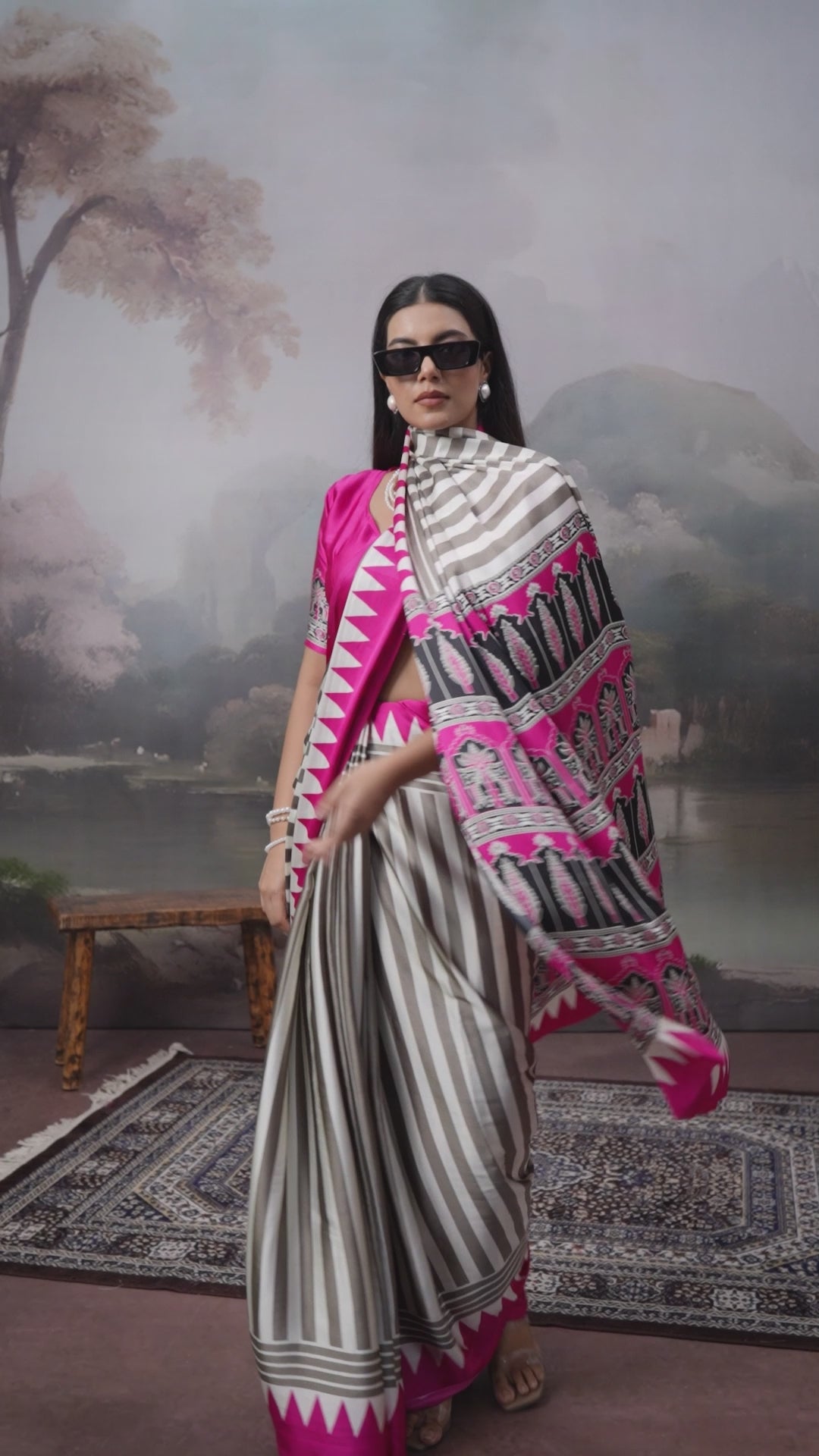 Buy MySilkLove Aster White and Pink Ajrakh Printed Satin Crepe Silk Saree Online