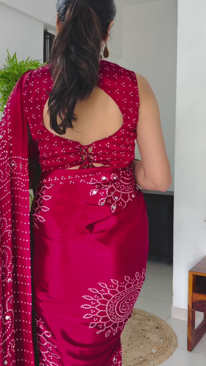 Buy MySilkLove Coral Red Bandhani Gaji Satin Mirror Work Silk Crepe Saree Online