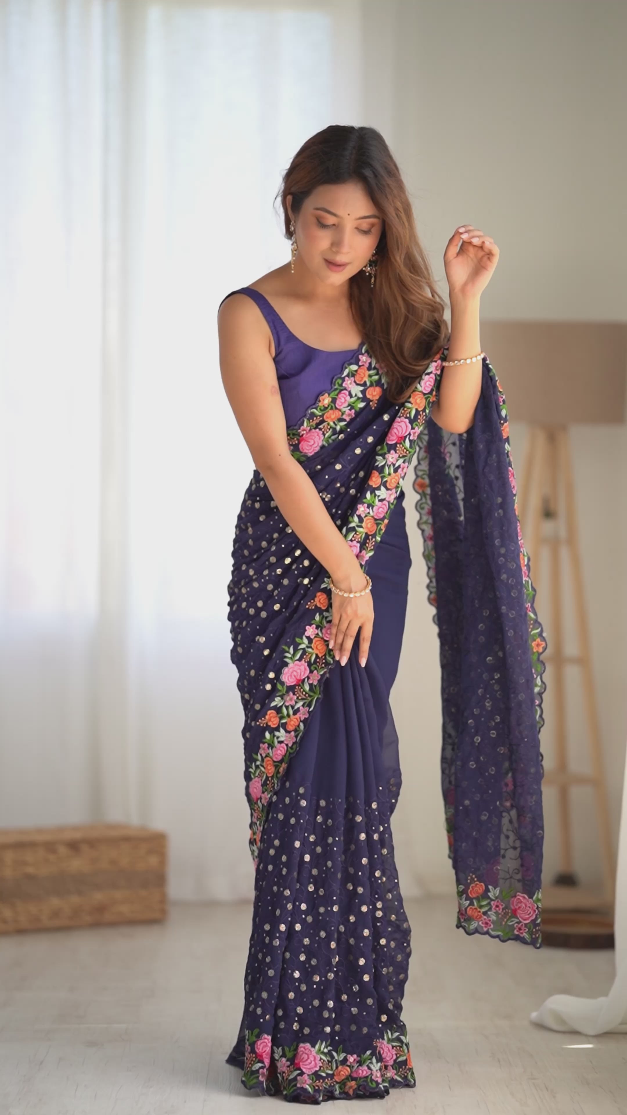 Buy MySilkLove Navy Blue Embroidered Georgette Saree Online