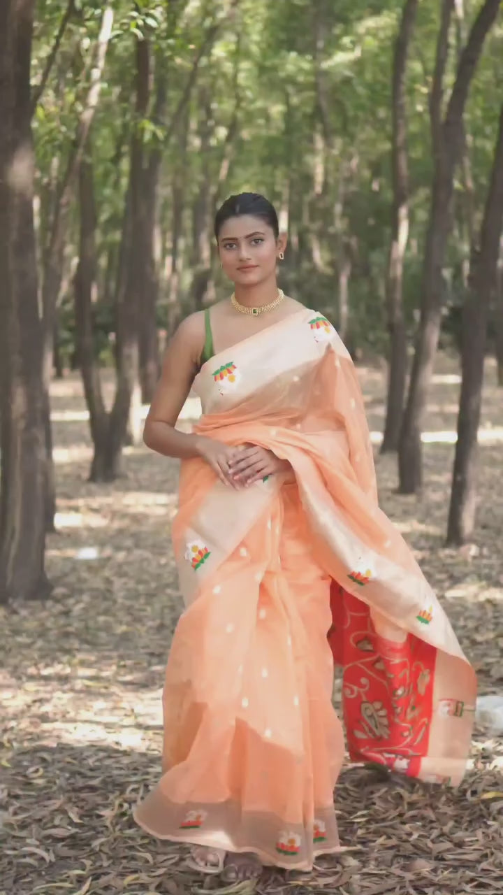 Buy MySilkLove Vivid Orange Organza Woven Paithani Saree Online