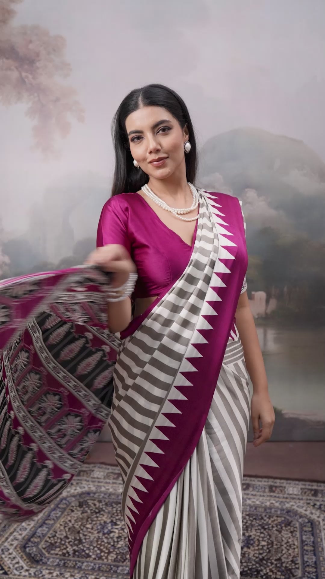 Buy MySilkLove Dutch White and Purple Ajrakh Printed Satin Crepe Silk Saree Online