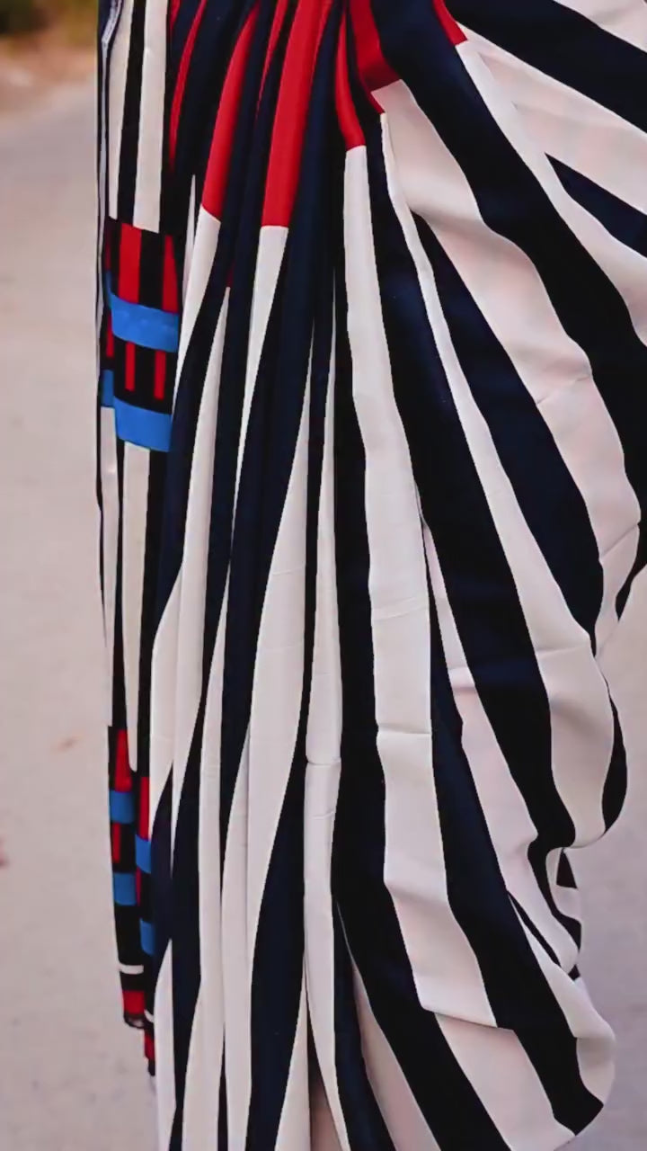 Buy MySilkLove Crow Black and White Stripes Printed Satin Crepe Silk Saree Online