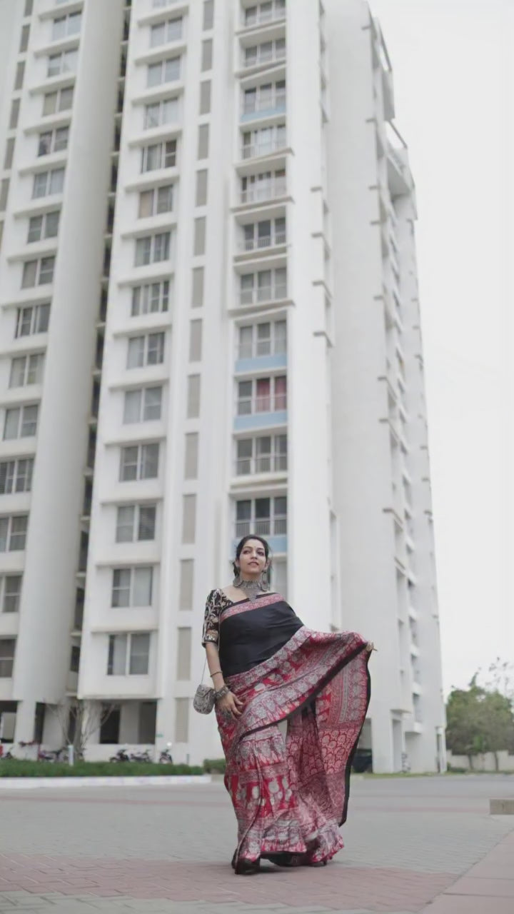 Buy MySilkLove Pitch Black Ajrakh Printed Satin Gaji Silk Saree Online