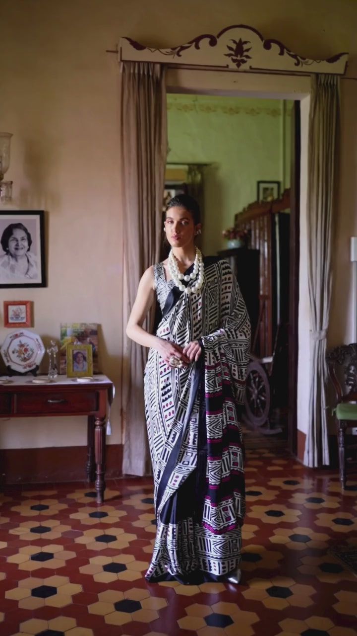 Buy MySilkLove Gunmetal Black and White Printed Satin Crepe Silk Saree Online