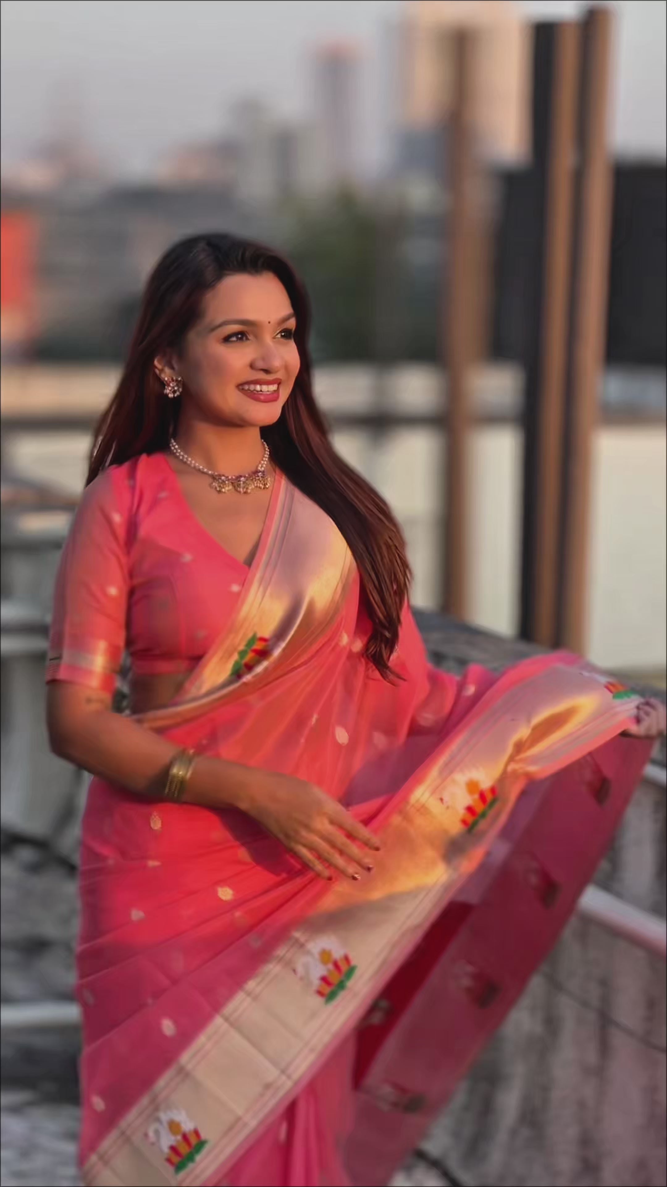 Buy MySilkLove Coral Pink Organza Woven Paithani Saree Online