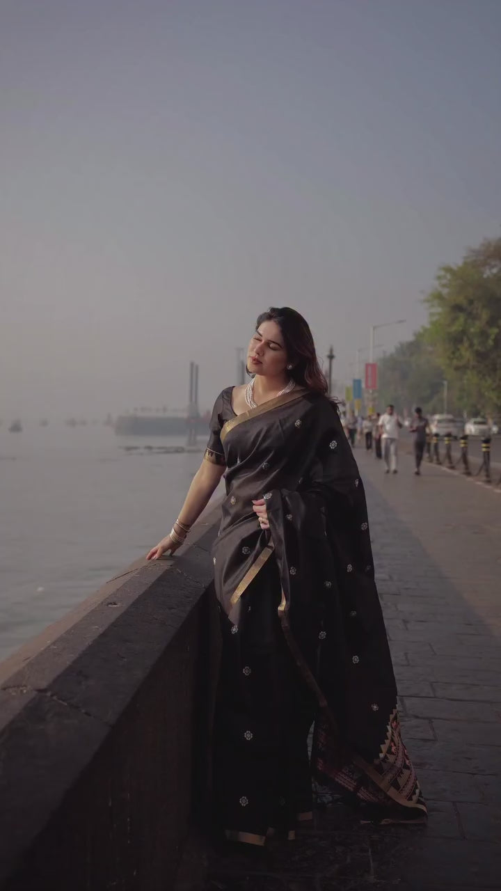 Buy MySilkLove Jade Black Tussar Handloom Silk Saree Online