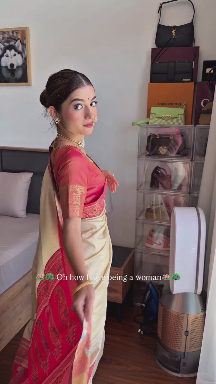 Buy MySilkLove Vanilla Cream Woven Banarasi Soft Silk Saree Online