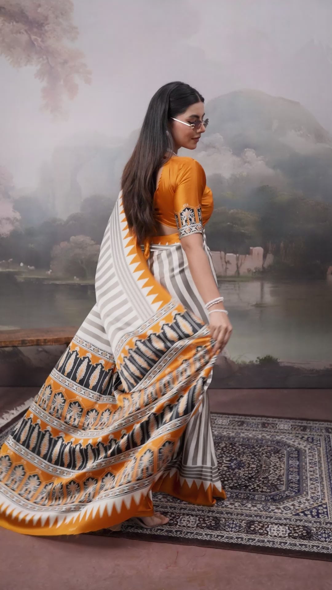 Buy MySilkLove Bone White and Yellow Ajrakh Printed Satin Crepe Silk Saree Online