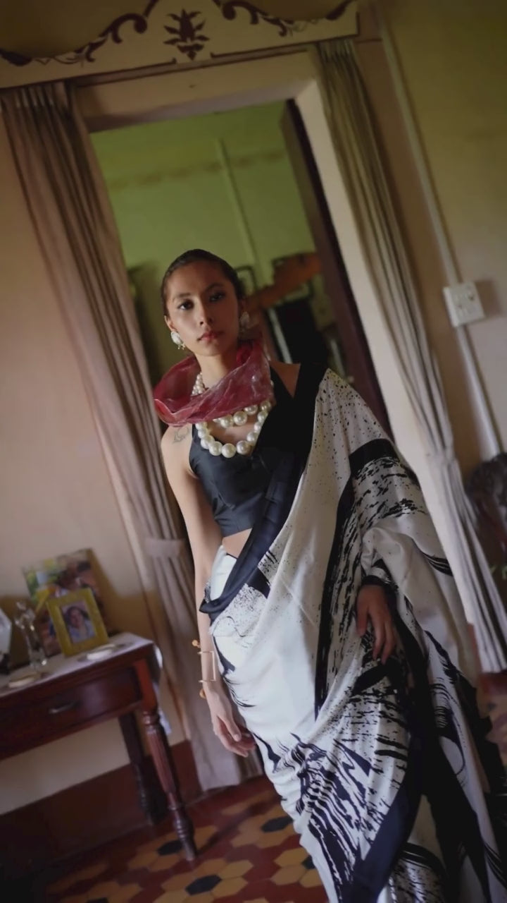 Buy MySilkLove Black Raisins and White Printed Satin Crepe Silk Saree Online