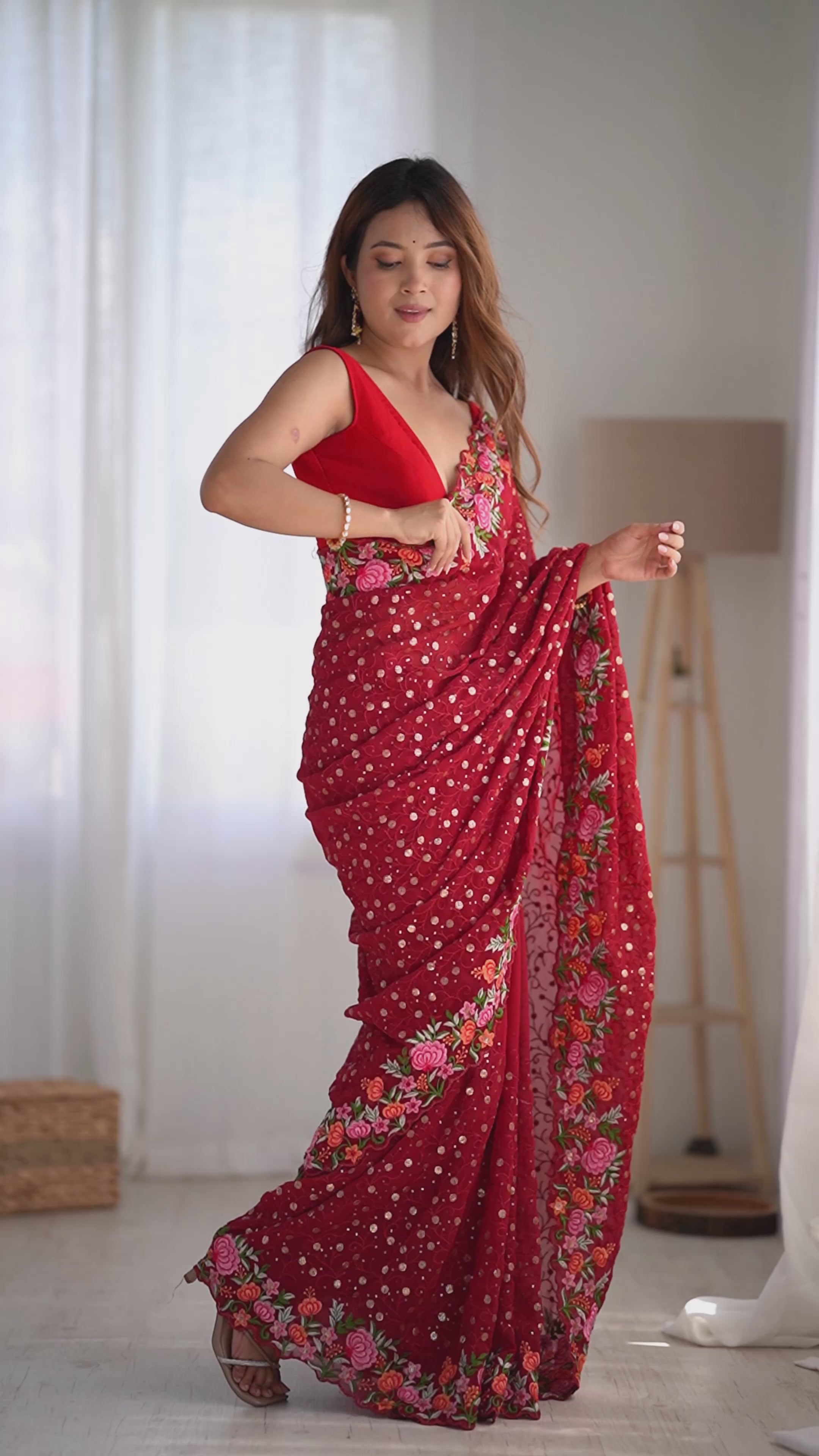 Buy MySilkLove Rose Red Embroidered Georgette Saree Online