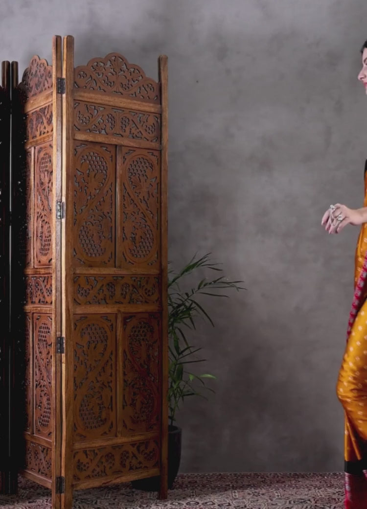 Buy MySilkLove Sunset Yellow and Red Ajrakh Printed Satin Gaji Silk Saree Online