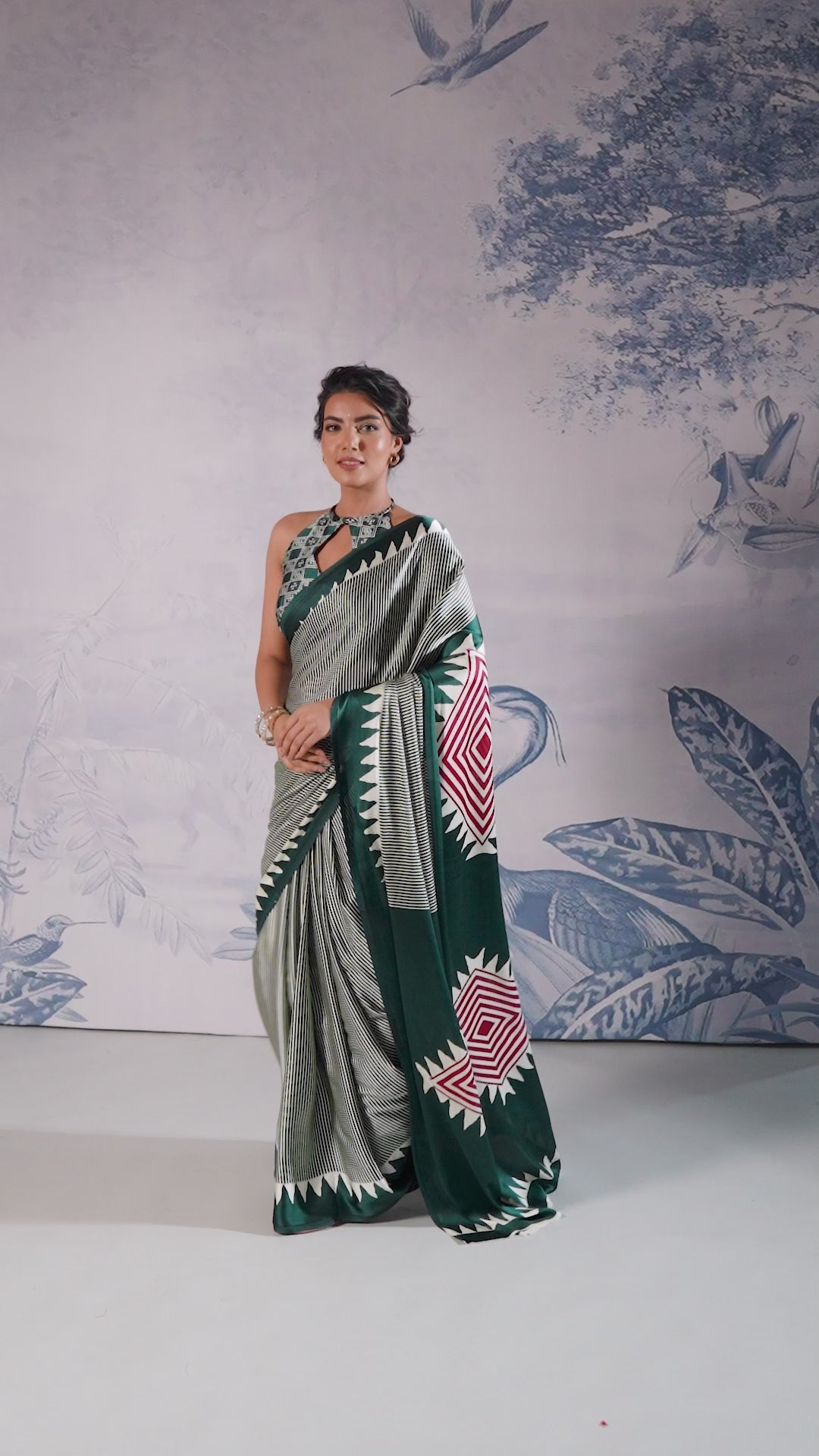 Buy MySilkLove Beryl Green Stripe Ajrakh Printed Satin Crepe Silk Saree Online