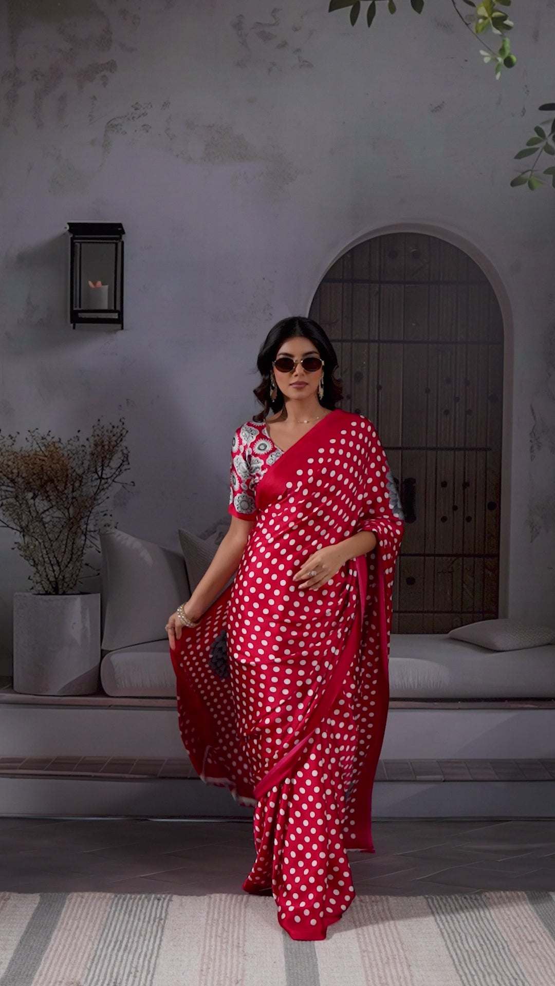 Buy MySilkLove Melon Red Printed Polka Dots Satin Crepe Saree Online