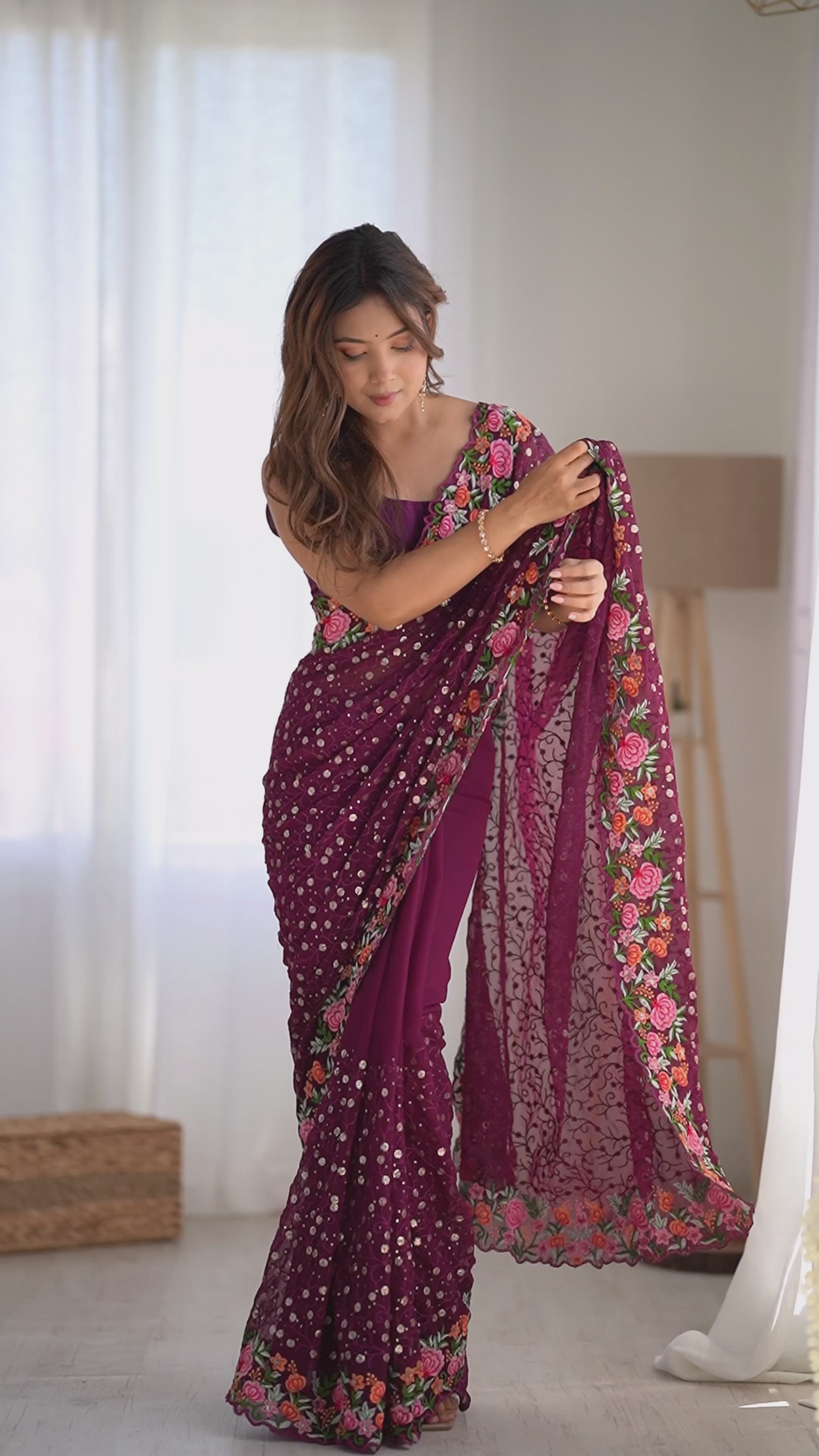 Buy MySilkLove Wine Purple Embroidered Georgette Saree Online