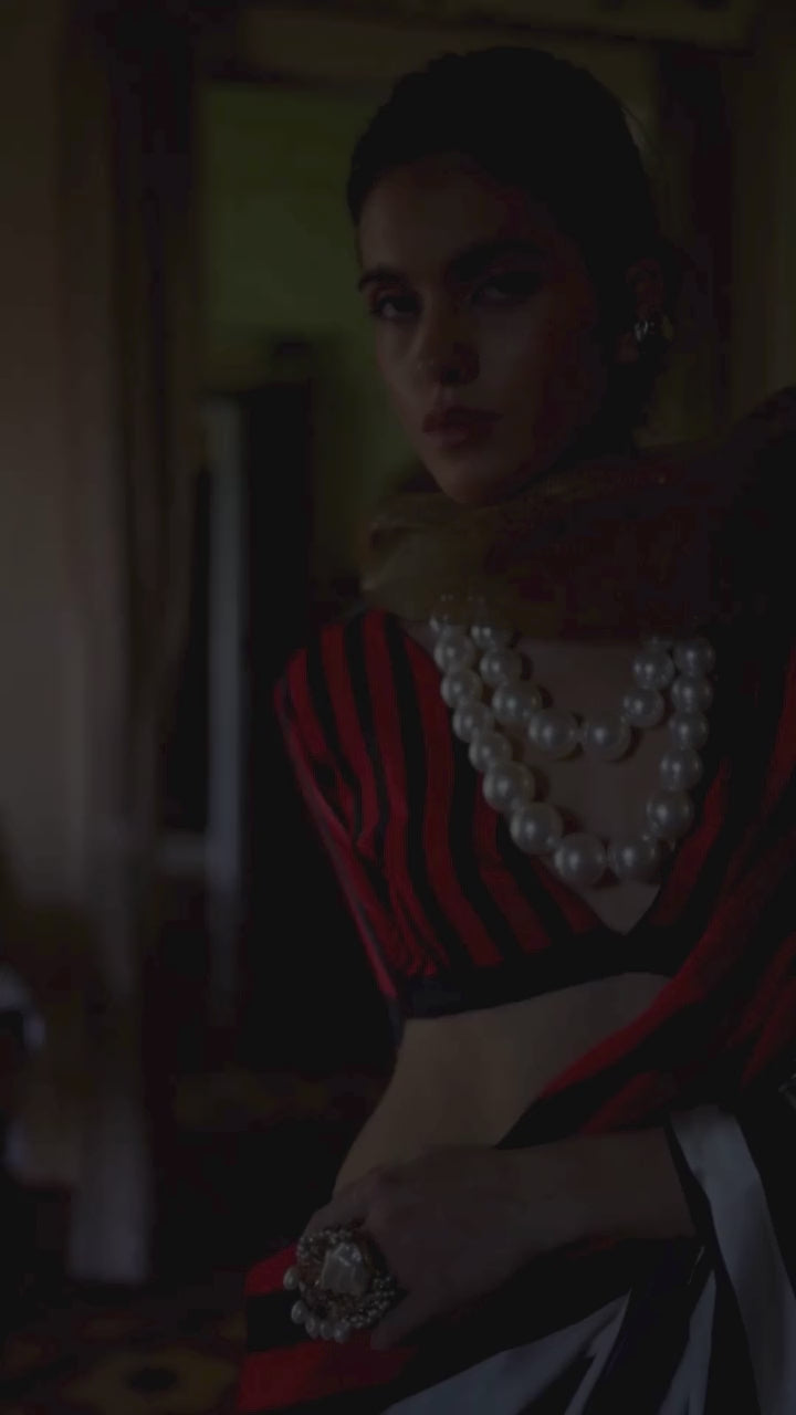 Buy MySilkLove Crow Black and White Stripes Printed Satin Crepe Silk Saree Online