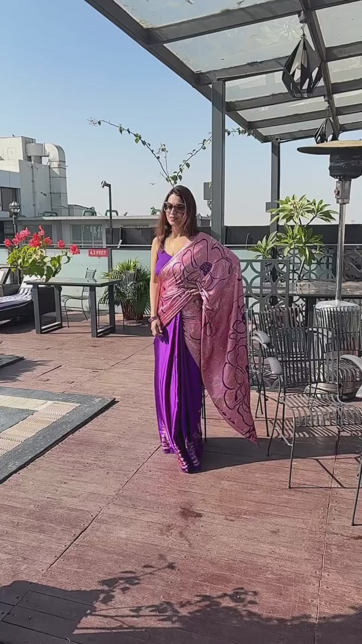 Buy MySilkLove Blue Gem and Pink Printed Satin Crepe Sarees Online