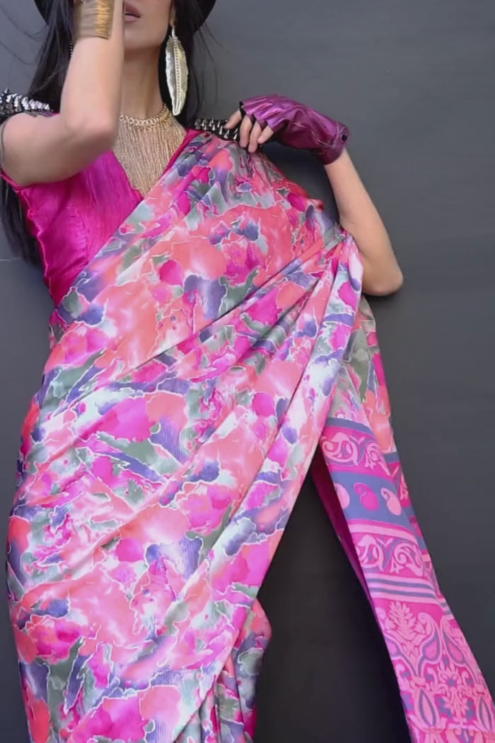 Buy MySilkLove Punch Pink Printed Satin Crepe Silk Saree Online