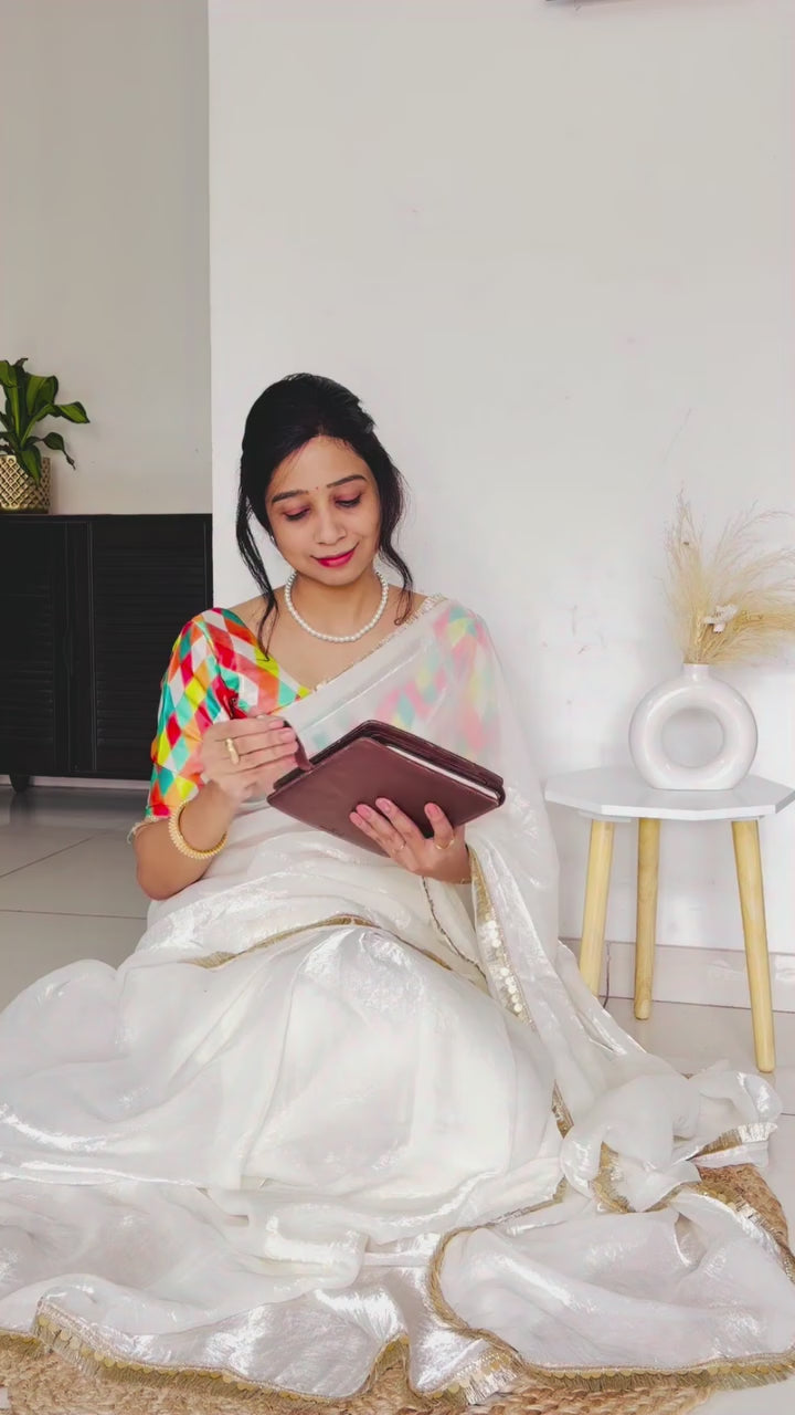 Buy MySilkLove Alabaster White Fancy Tissue Lace Saree With Printed Blouse Online