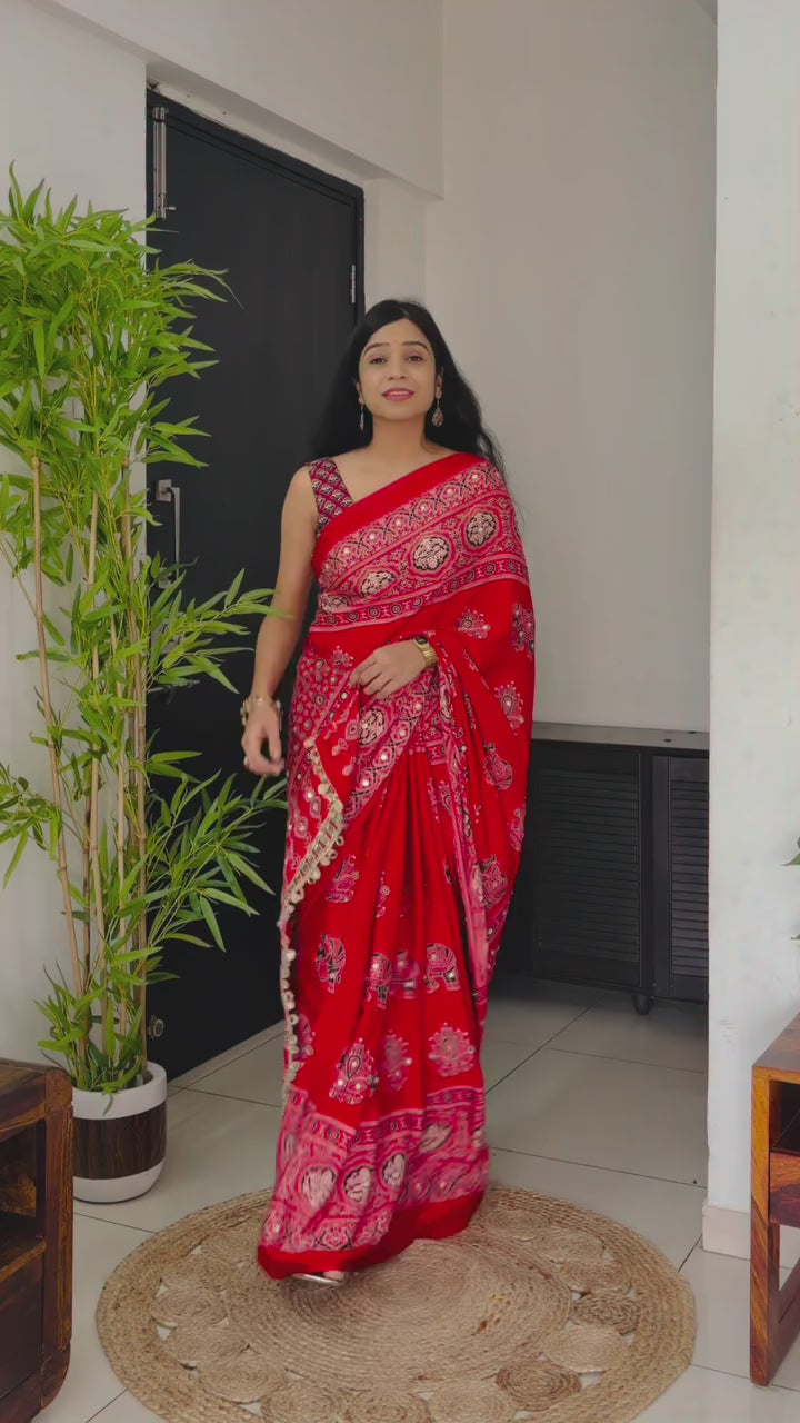 Buy MySilkLove Jam Red Ajrakh Satin Printed Mirror Work Saree Online