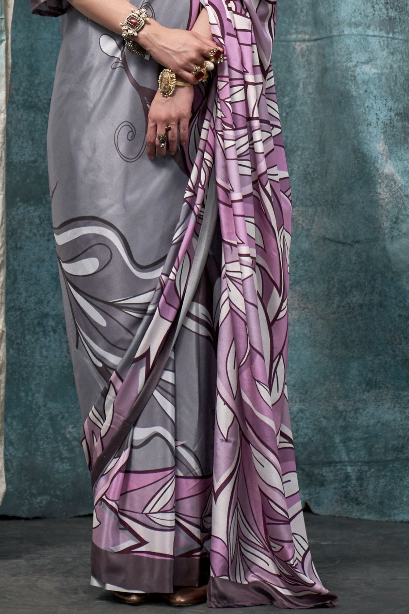 Buy MySilkLove Jumbo Grey and Purple Printed Satin Crepe Sarees Online