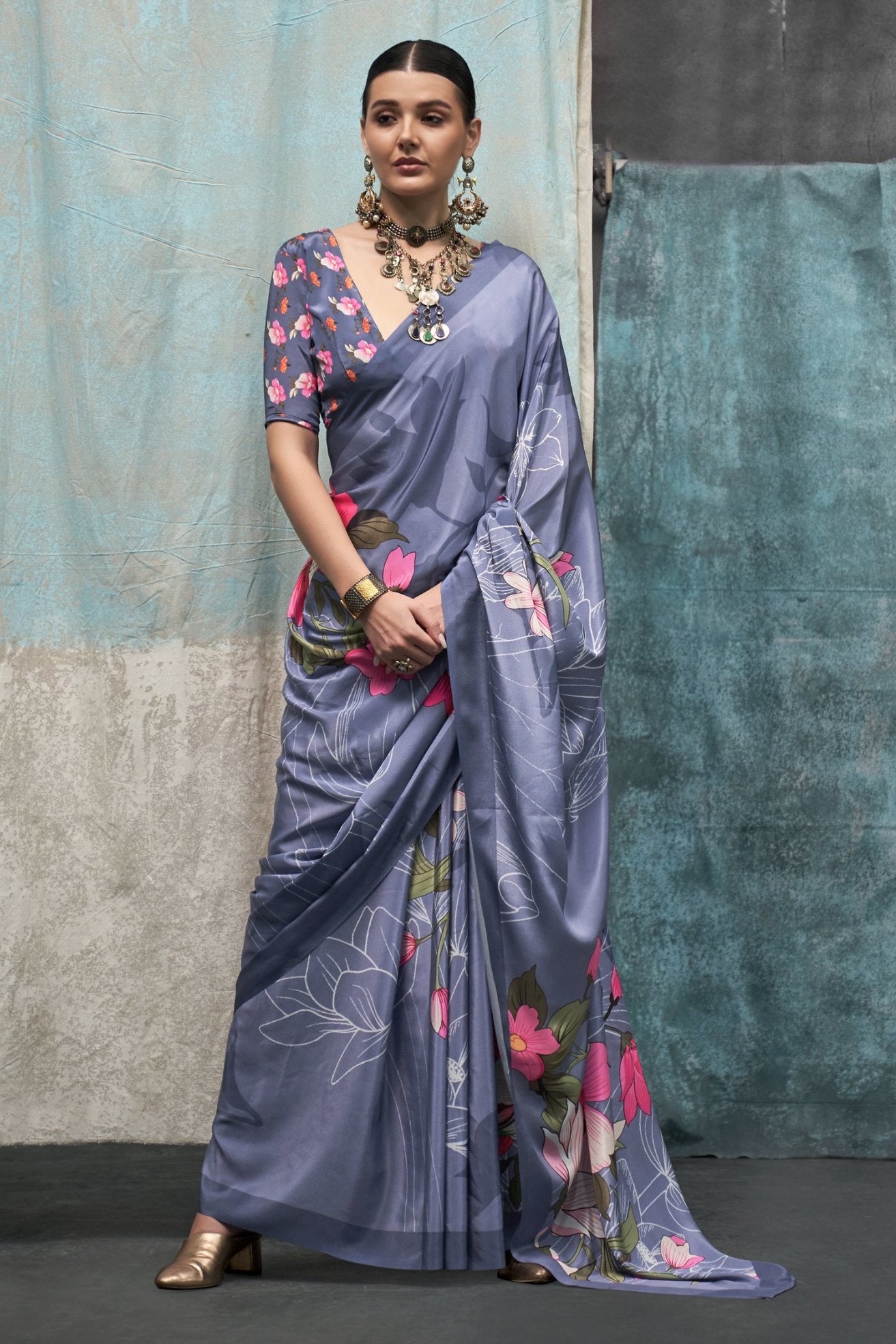 Buy MySilkLove Periwinkle Grey Printed Satin Crepe Sarees Online