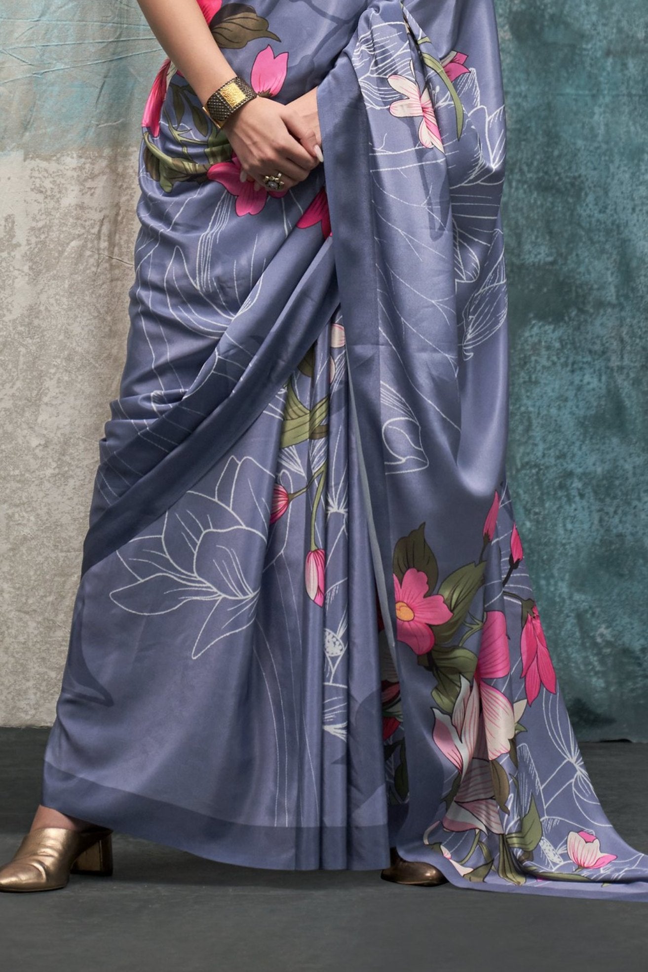 Buy MySilkLove Periwinkle Grey Printed Satin Crepe Sarees Online