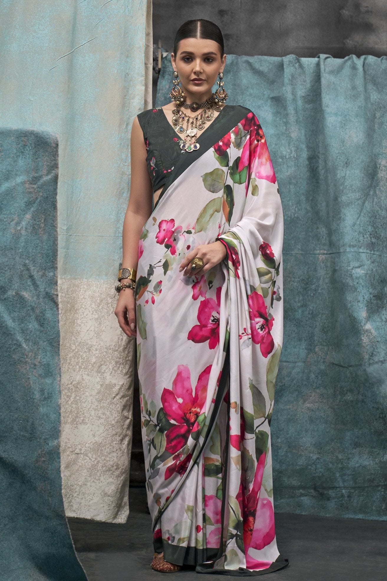 Buy MySilkLove Swiss Coffee White Printed Satin Crepe Sarees Online