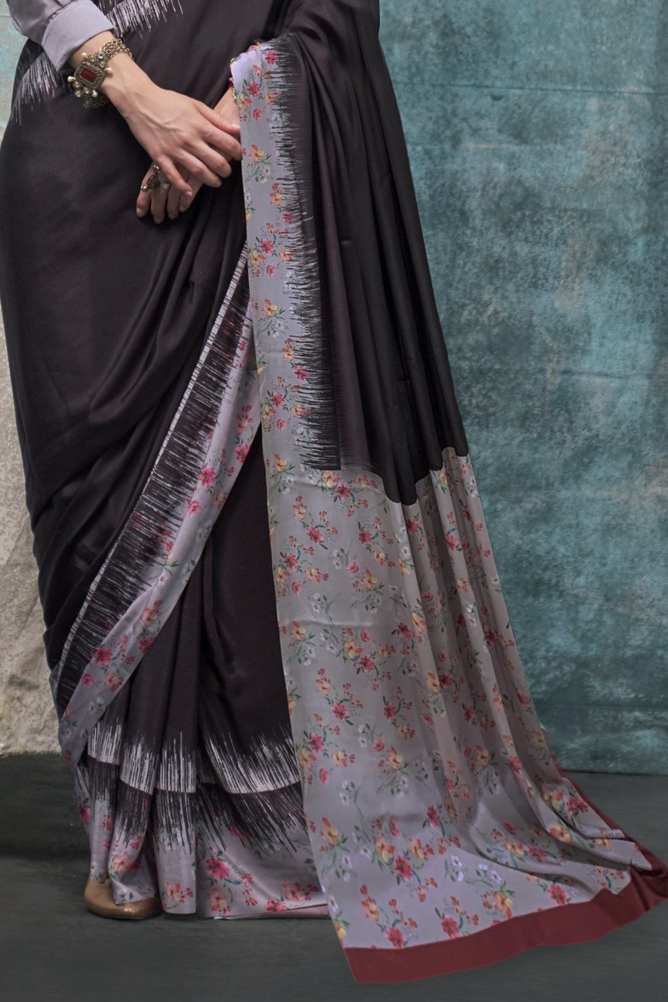 Buy MySilkLove Thunder Black Printed Satin Crepe Sarees Online