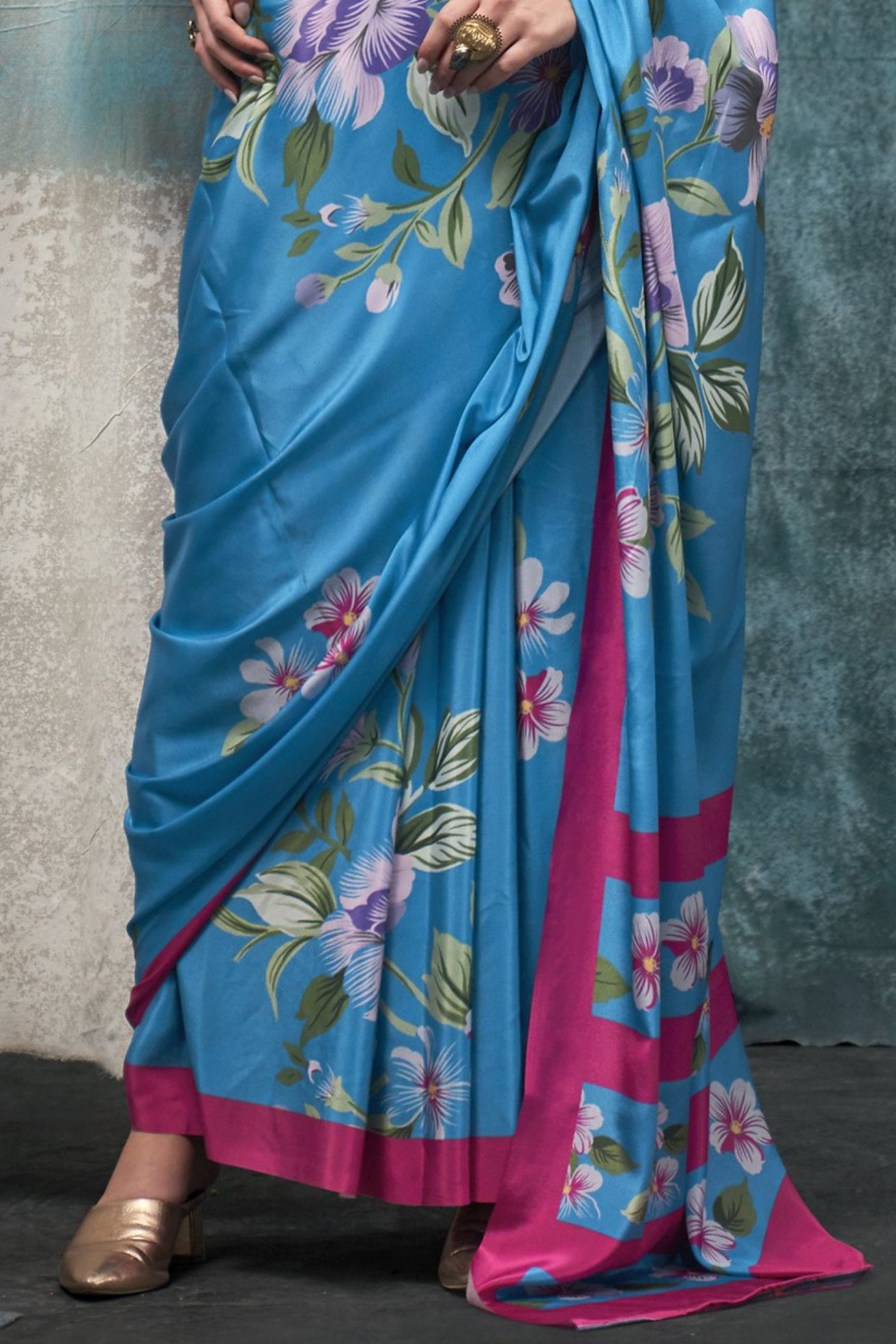 Buy MySilkLove Boston Blue Printed Satin Crepe Sarees Online