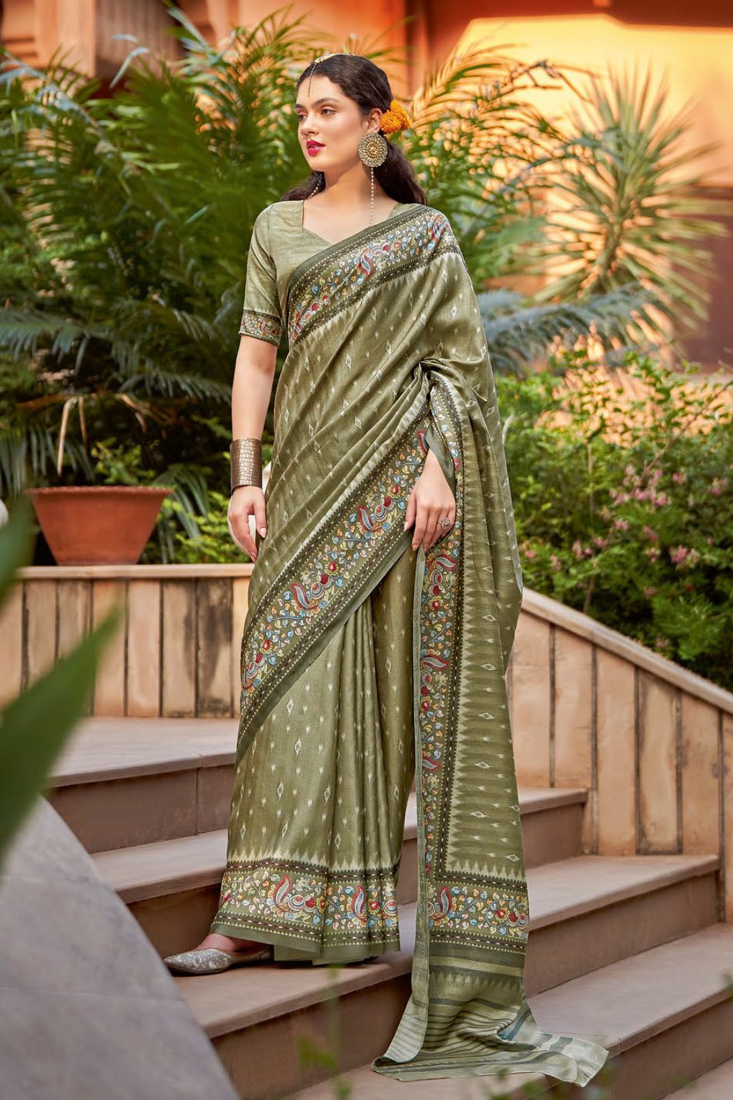 Buy MySilkLove Mint Green Designer Printed Silk Saree Online