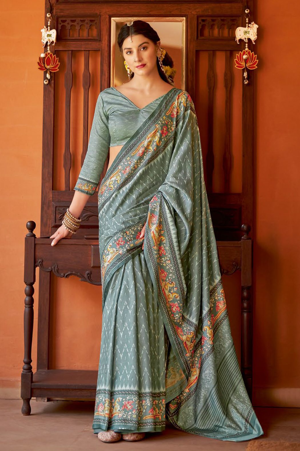 Buy MySilkLove Lime Green Designer Printed Silk Saree Online