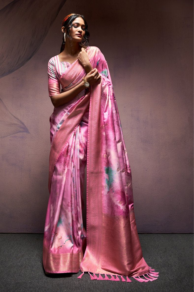 Buy MySilkLove Lotus Pink Banarasi Digital Printed Silk Saree Online
