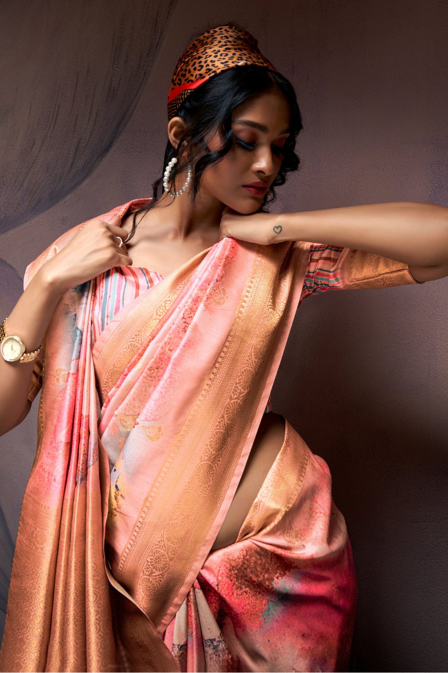 MySilkLove Chestnut Rose Peach Banarasi Digital Printed Silk Saree