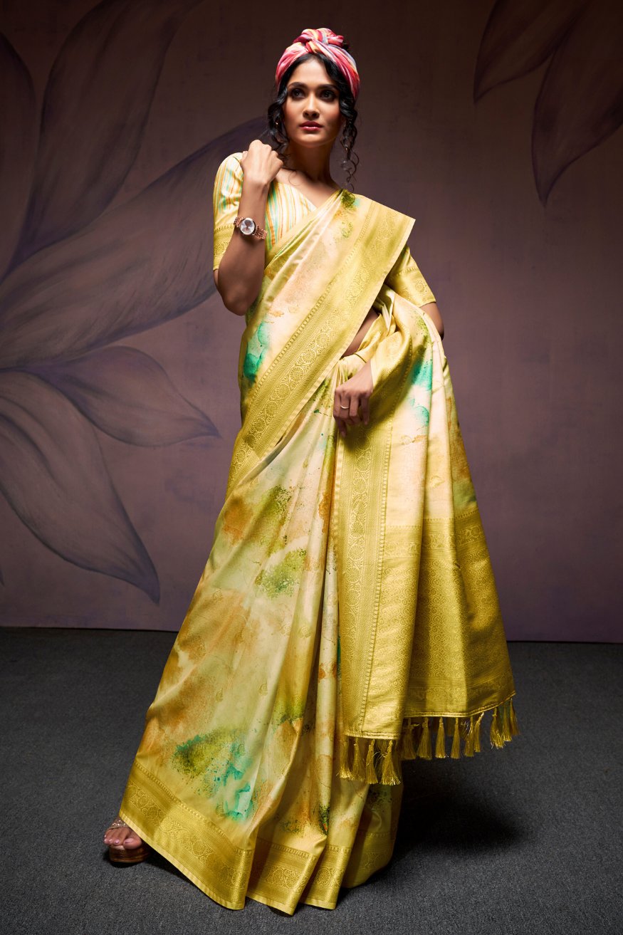 Buy MySilkLove Tacha Yellow Banarasi Digital Printed Silk Saree Online