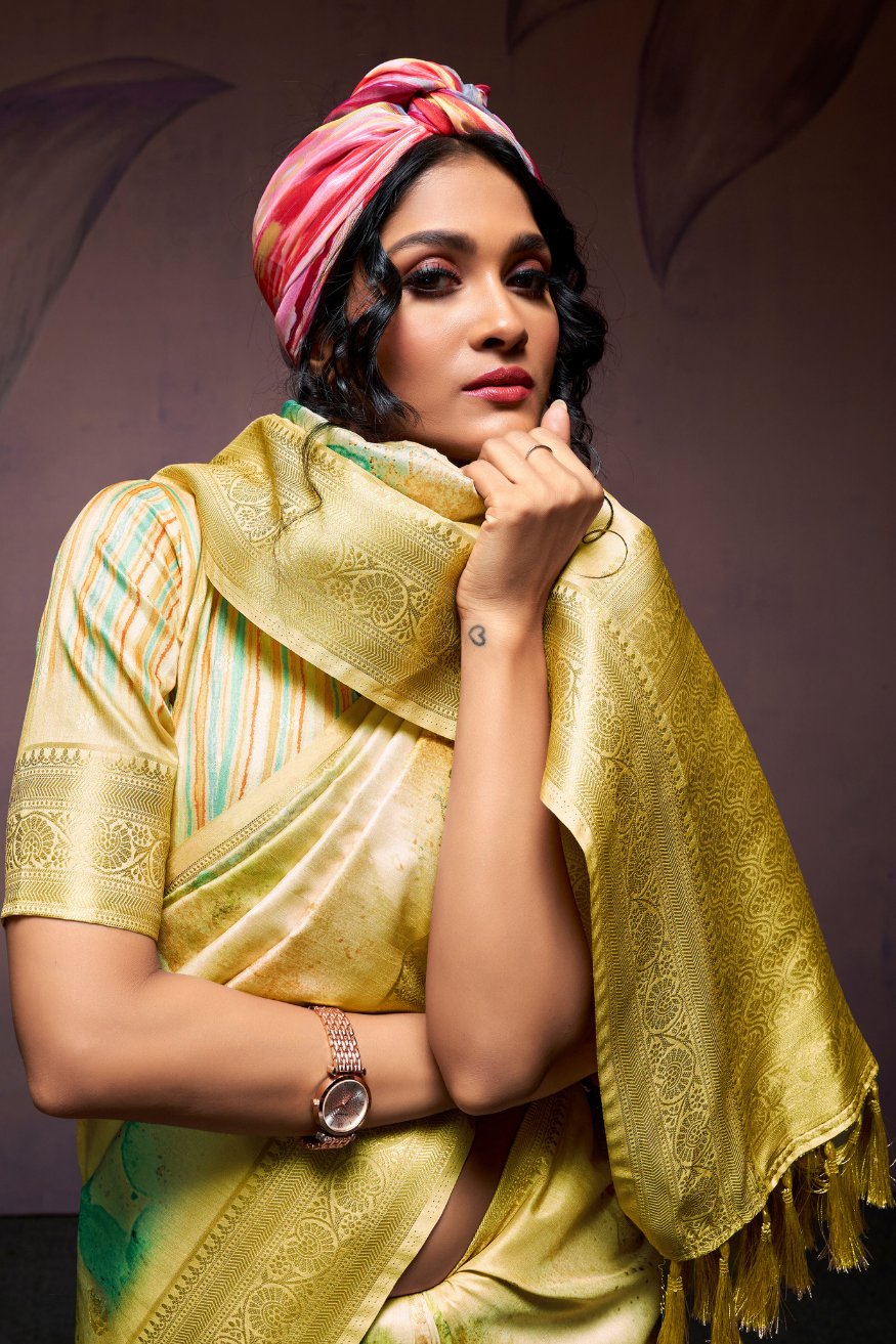 Buy MySilkLove Tacha Yellow Banarasi Digital Printed Silk Saree Online