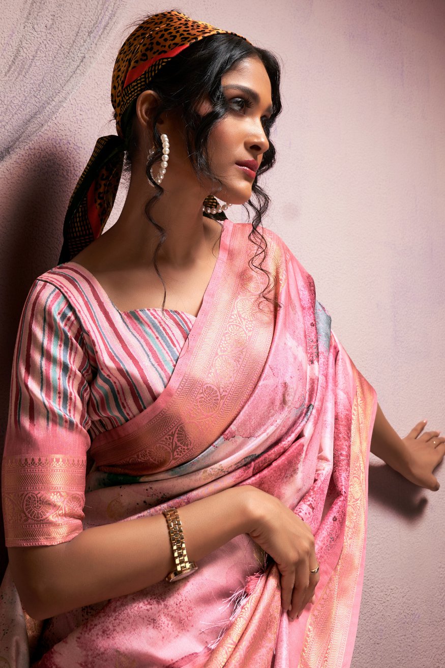 MySilkLove Pink Sherbert Banarasi Digital Printed Silk Saree