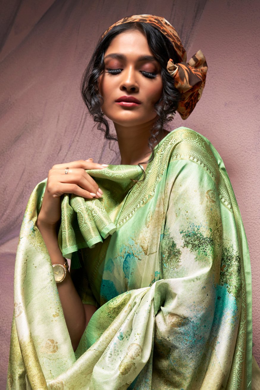 MySilkLove Pine Glade Green Banarasi Digital Printed Silk Saree