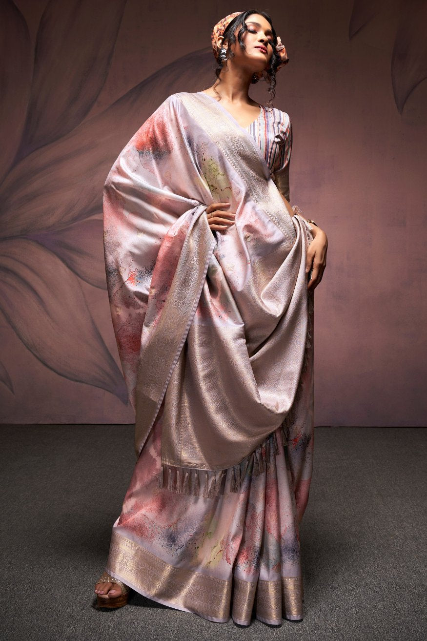 Buy MySilkLove Twilight Grey and Pink Banarasi Digital Printed Silk Saree Online
