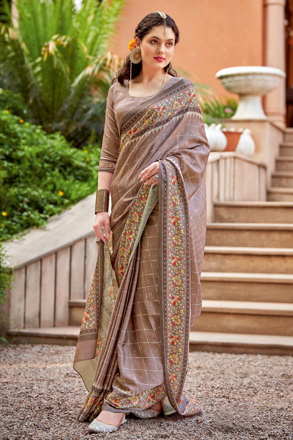 Buy MySilkLove Quicksand Brown Designer Printed Silk Saree Online