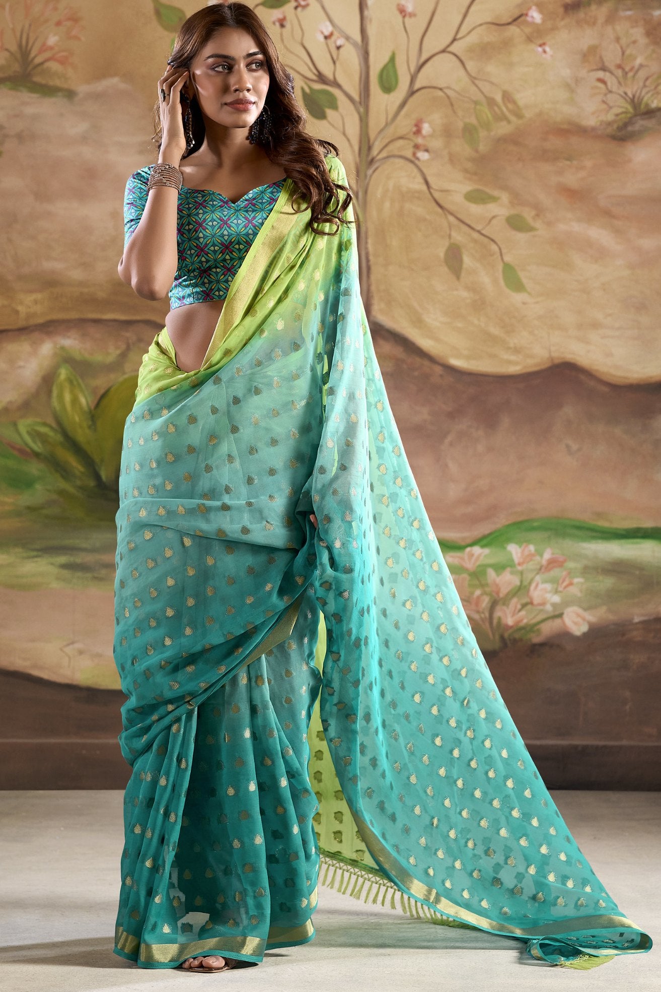 Buy MySilkLove Oracle Green Banarasi Georgette Saree Online